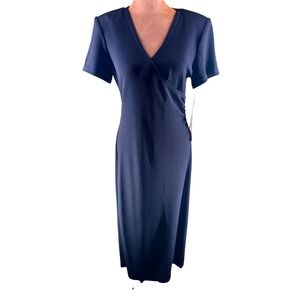 Another Thyme Faux Wrap Midi Dress Women 10P Black Textured Stretch NWT Retro